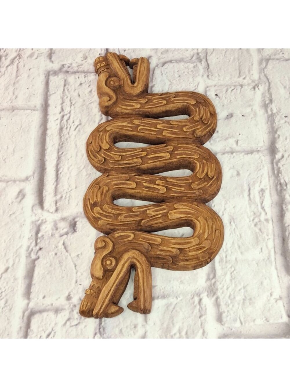 Vintage Hand Carved Wood Wall Art Double-Headed Kukulkan Rustic Mayan Decorative - Picture 2 of 8
